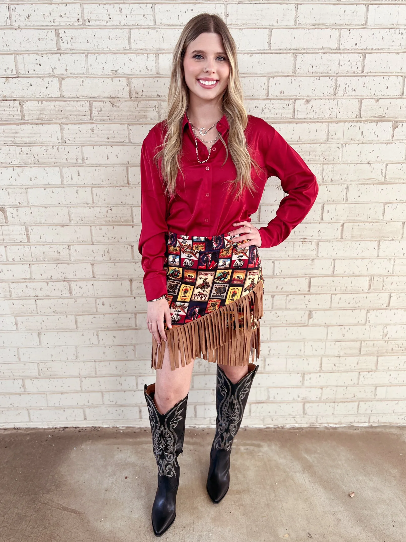 Western Collage Wrap Fringe Skirt