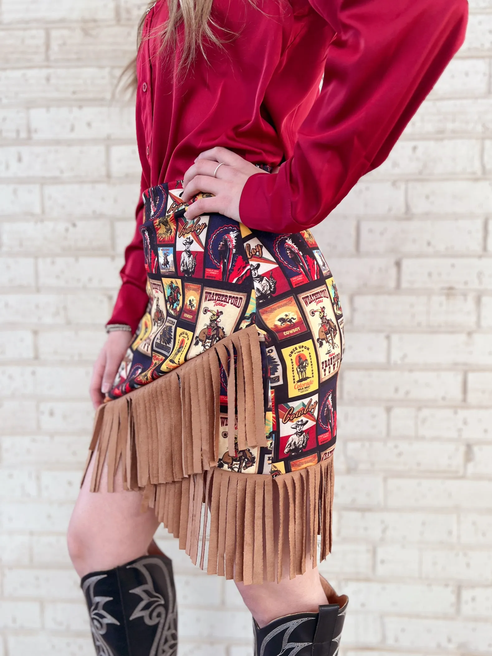 Western Collage Wrap Fringe Skirt