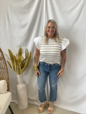 White Navy Stripe Puff Sleeve Top